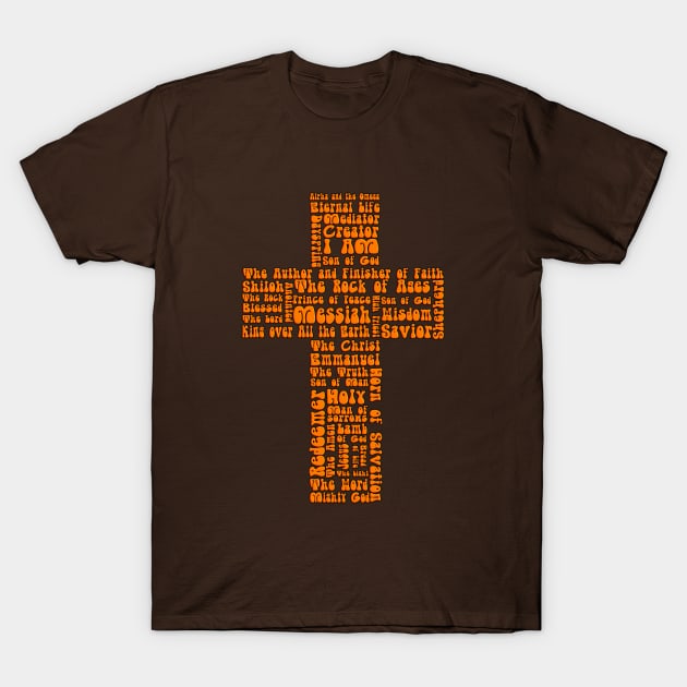 Funky Orange Retro Style names of Jesus Cross T-Shirt by AlondraHanley